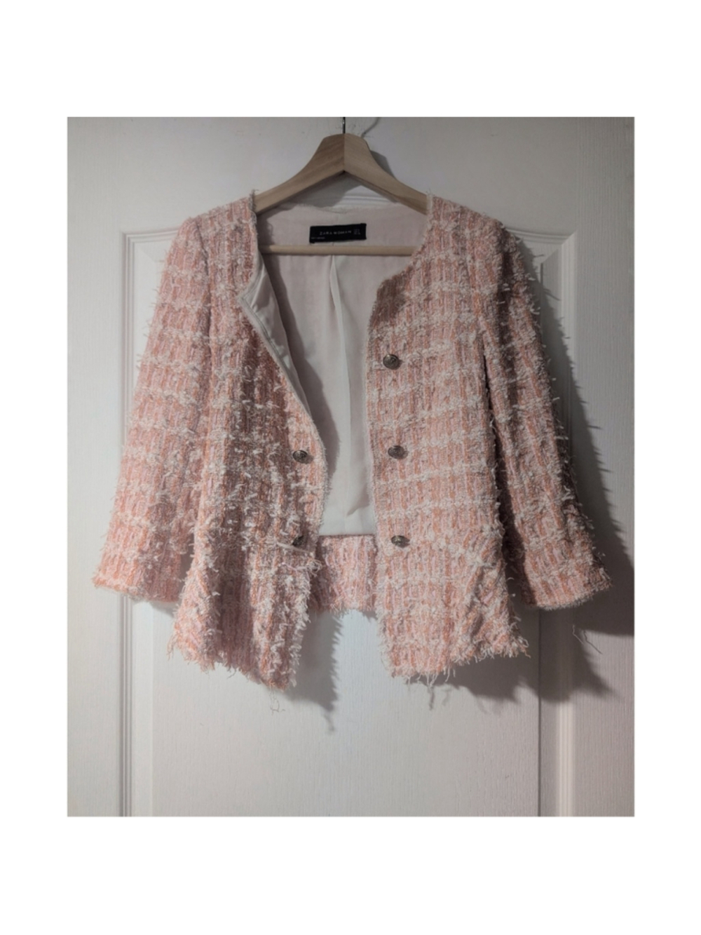 Zara | Tweed Open Blazer With Peplum Hem